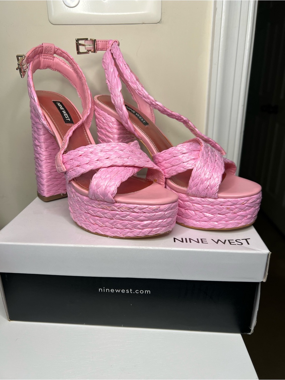 Nine West Pink Braided Platform Sandals with Ankle Strap